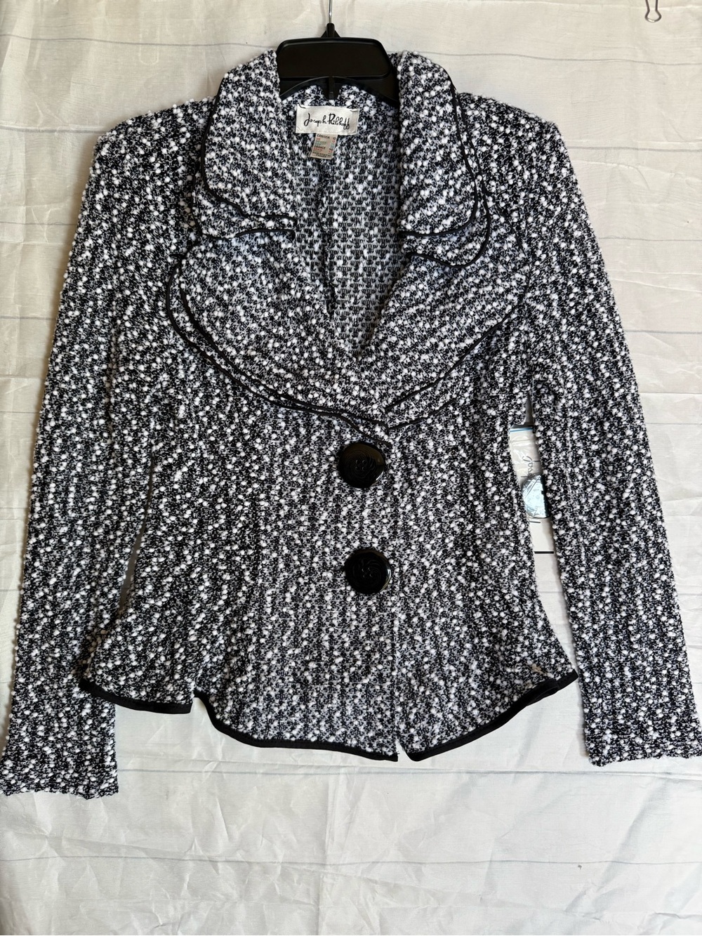 Joseph Ribkoff Black and White Textured Knit Blazer tweed ruffled collar jacket